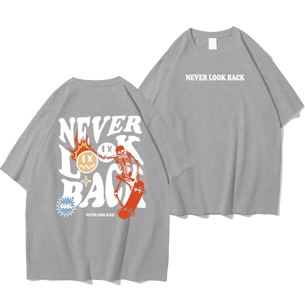 "Never Look Back: Trendy Skull Print Cartoon Tee - Stylish Cotton Crewneck for Men"