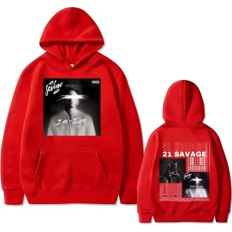 Rapper 21 Savage I Am I Was Music Album Graphics Hoodie Men Hip Hop Vintage Oversized Sweatshirts Male Fleece Hoodies Streetwear