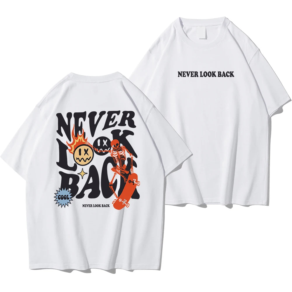 "Never Look Back: Trendy Skull Print Cartoon Tee - Stylish Cotton Crewneck for Men"