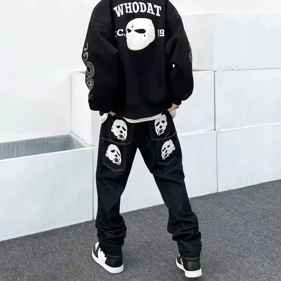 Y2K Cutting Edge Men Fashion Black Streetwear Casual Skull Straight