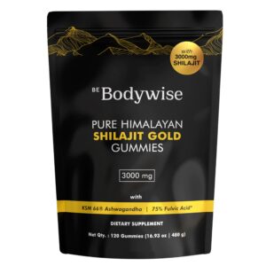 Be Bodywise Pure Himalayan Shilajit Gummies Gold I No Added Sugar I Ashwagandha Gokshura| Fulvic Acid & 85+ Trace Minerals I for Men Women I Non-GMO I 100% Natural & Organic I 120 Gummy I Pouch